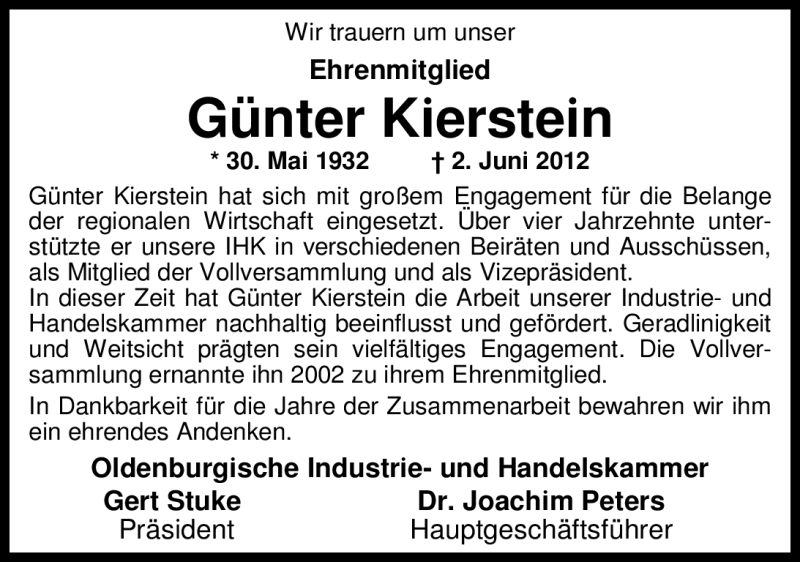  Traueranzeige für Günter Kierstein vom 07.06.2012 aus Nordwest Zeitung